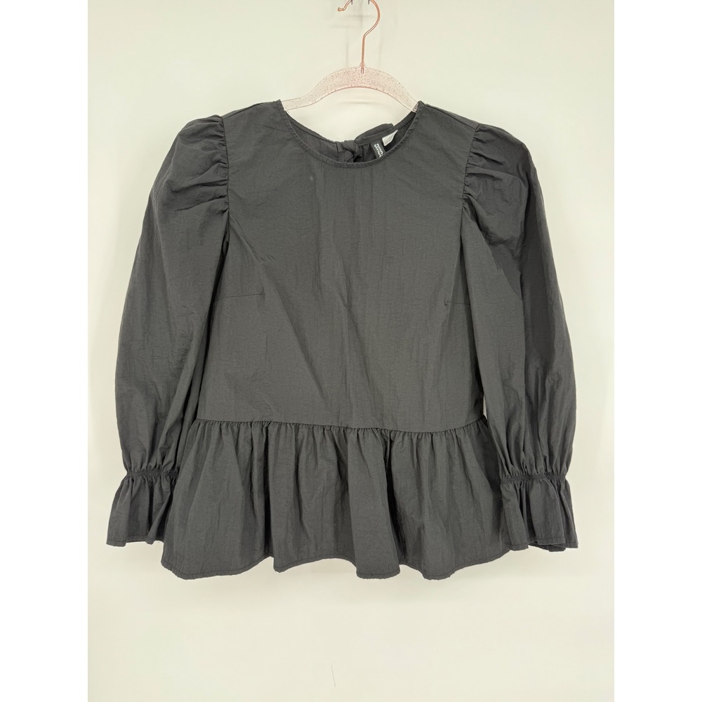 Divided Sz S Black Puff Sleeve Peplum Top Bow Back Women's Elegant Style‎